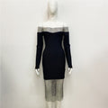 Sexy Women Clothing New Off-shoulder Long Sleeve Mesh Diamond-embedded Party Bandage One-piece Dress