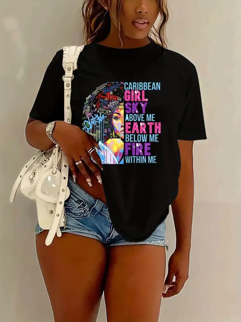 T-shirt donna Valstrend con stampa di ragazza nera a maniche corte, morbida e comoda, ideale per look casual.