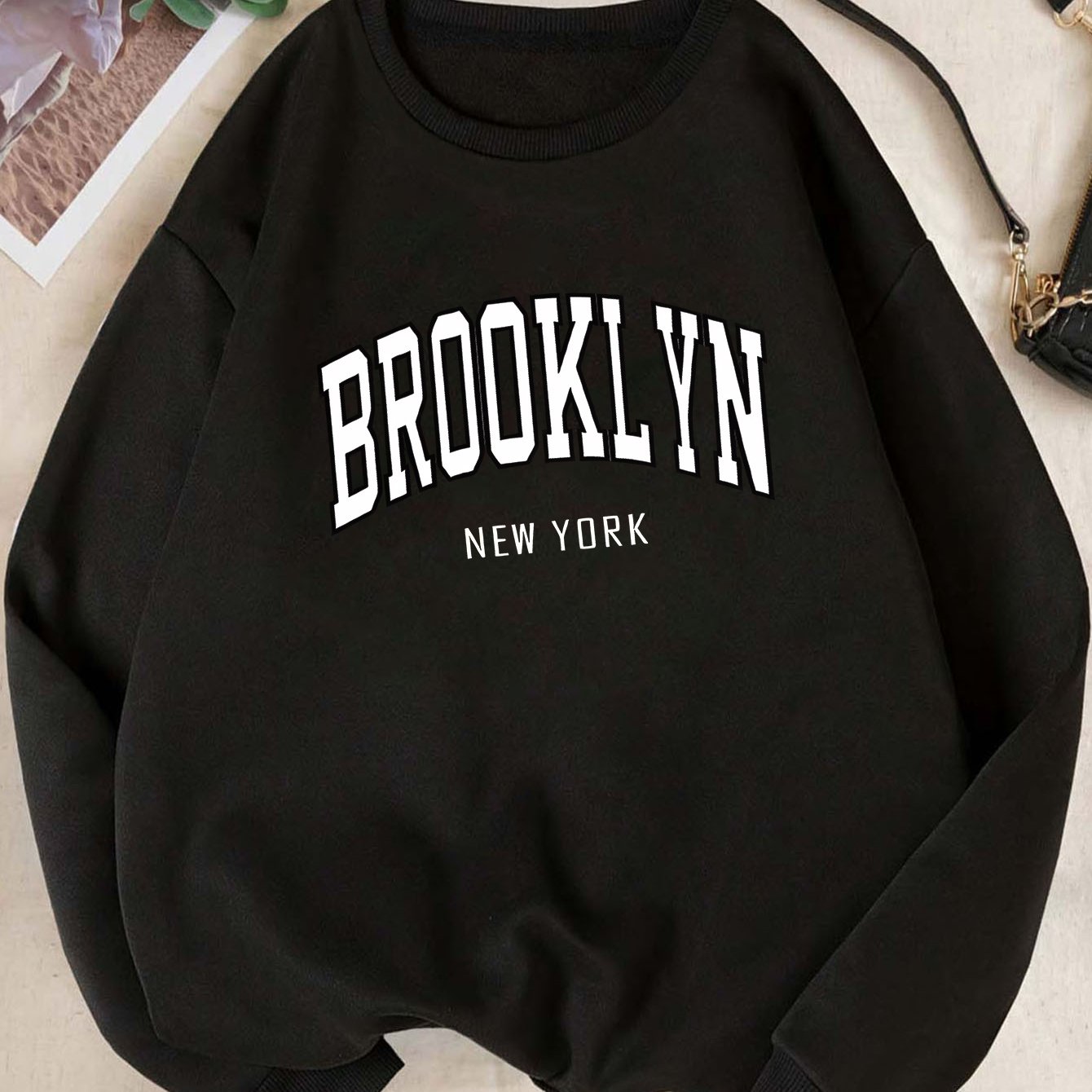 Brooklyn New York Sweatshirt for Women - Adult Polyester Knit Pullover with Round Neck, Casual Sports Hoodie, All-Season Elastic Fabric, Random Print Design
