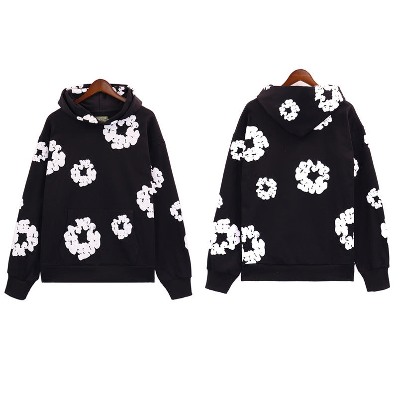 Felpa oversize con cappuccio in velluto con stampa a legno e cotone, modello con imbottitura e dettagli in fiamma, marca Valstrend.