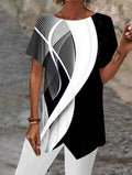 T-shirt Valstrend con stampa geometrica, maniche corte, vestibilità sciolta e orlo irregolare, stile moderno e casual.