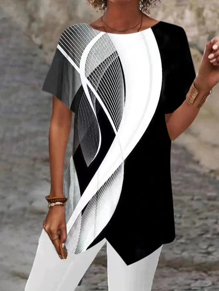 T-shirt Valstrend con stampa geometrica, maniche corte, vestibilità sciolta e orlo irregolare, stile moderno e casual.