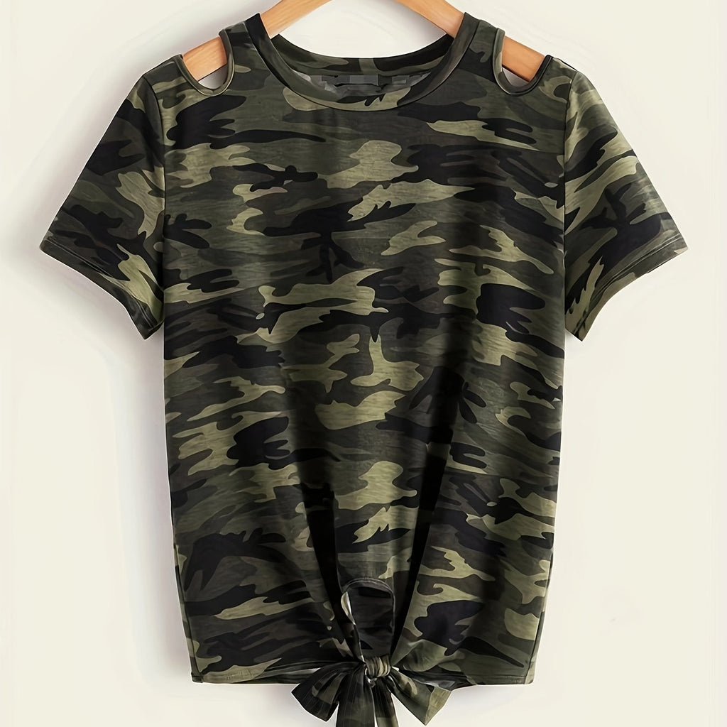 Camo Print Knot Hem Crew Neck T-Shirt, Cut Out Short Sleeve T-Shirt For Spring & Summer, Women's Clothing
