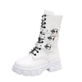 Stivaletti punk donna Valstrend con fibbia, lacci e zip laterale, stile moderno e ribelle, tacco medio e dettagli in pelle nera.