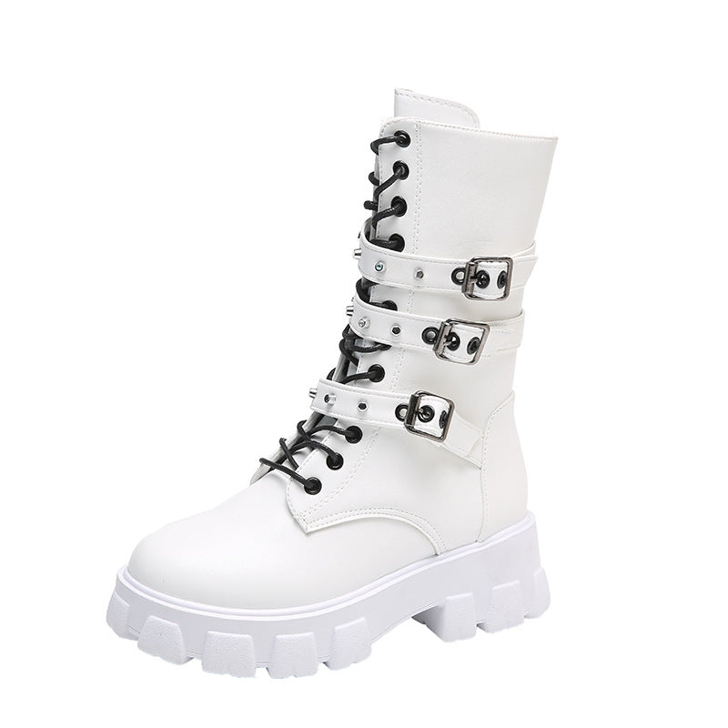 Stivaletti punk donna Valstrend con fibbia, lacci e zip laterale, stile moderno e ribelle, tacco medio e dettagli in pelle nera.