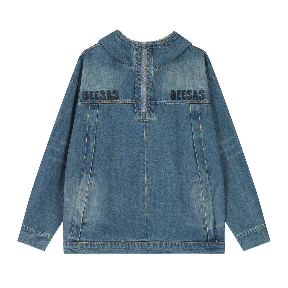 Felpa con collo alto e cappuccio in denim da uomo, stile europeo e americano, marca Valstrend Shop.
