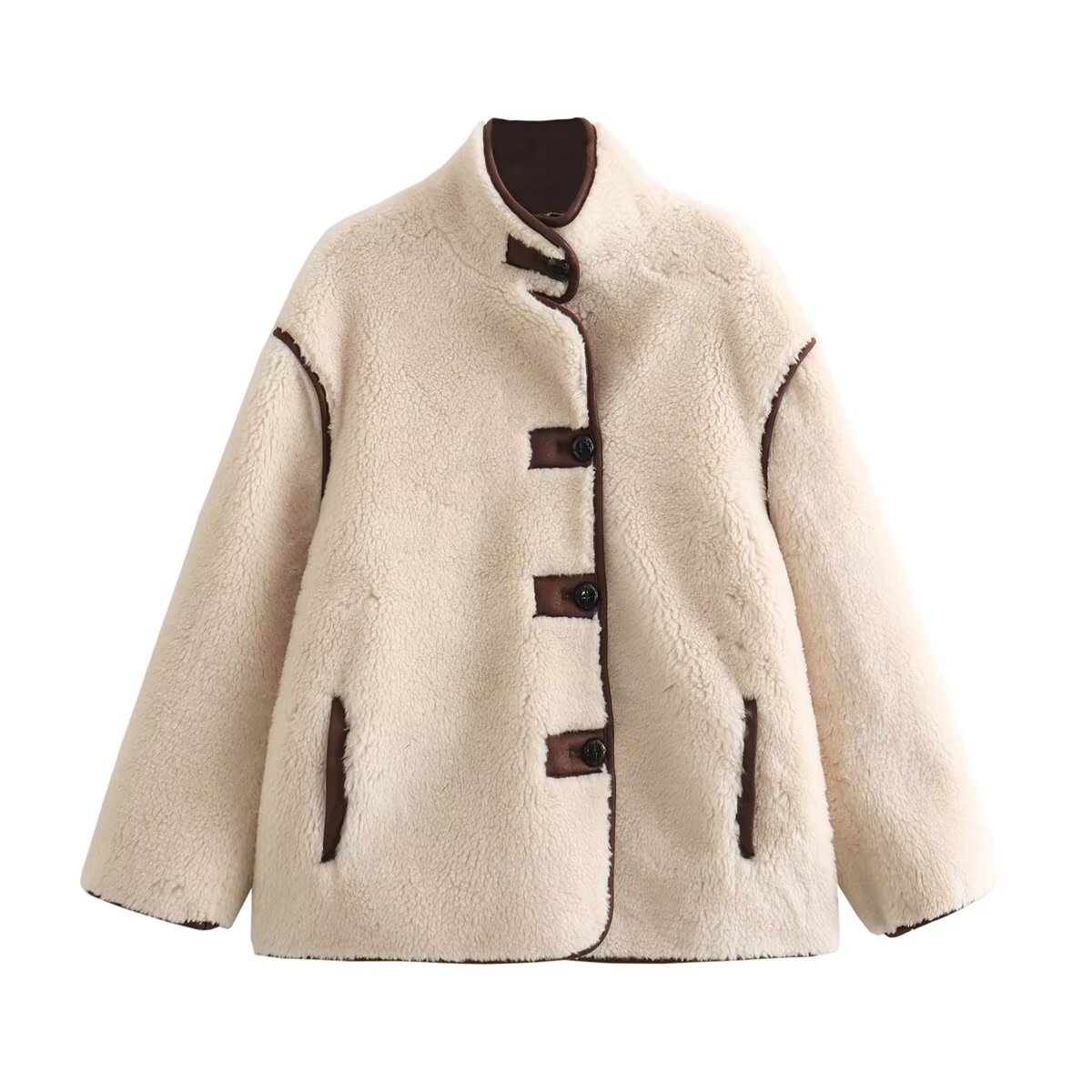 Cappotto corto in pile trapuntato e largo, in tessuto inamidato, di colore neutro, con colletto e tasche frontali, di marca Valstrend.
