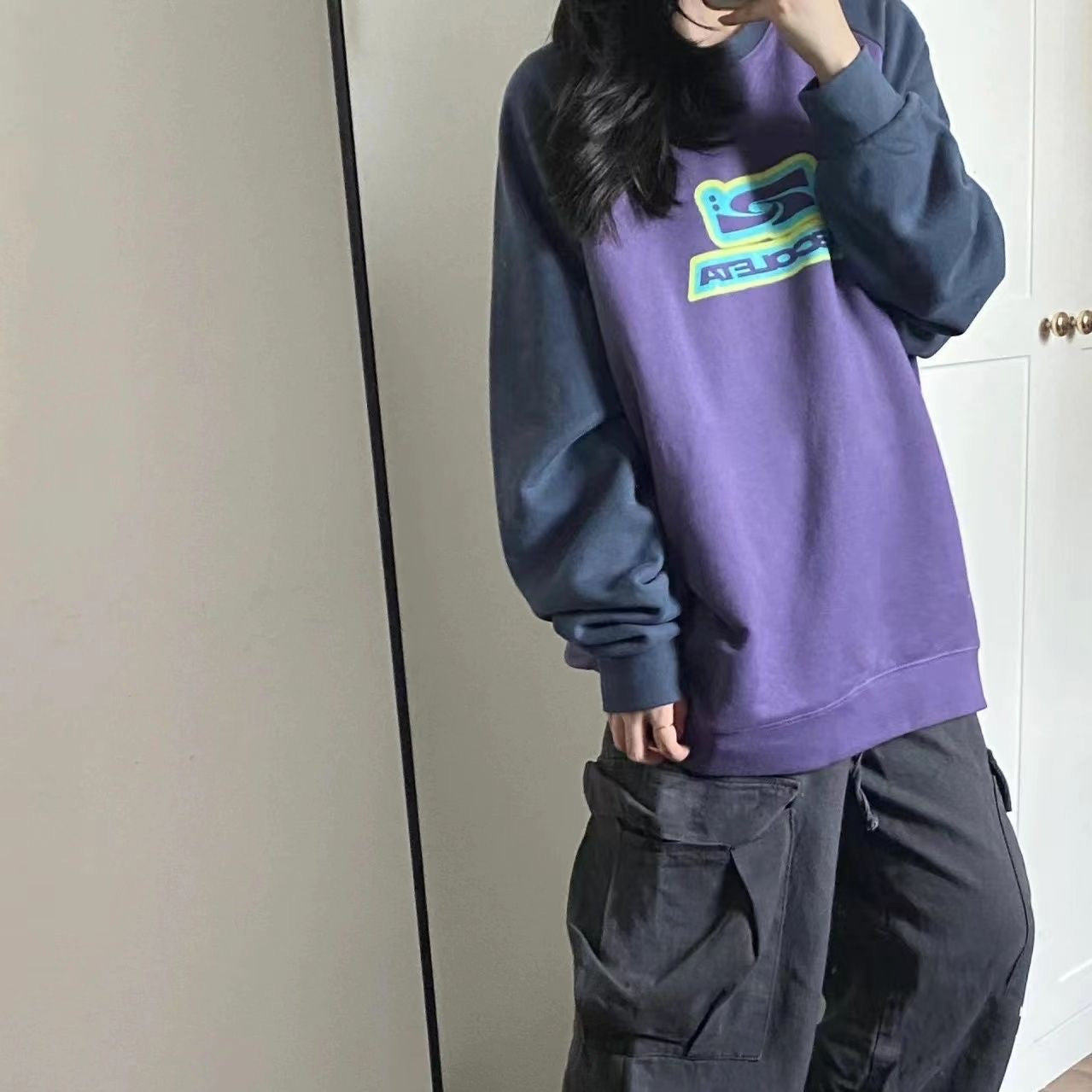 Female American Hiphop Color Contrast Patchwork Sweater Top