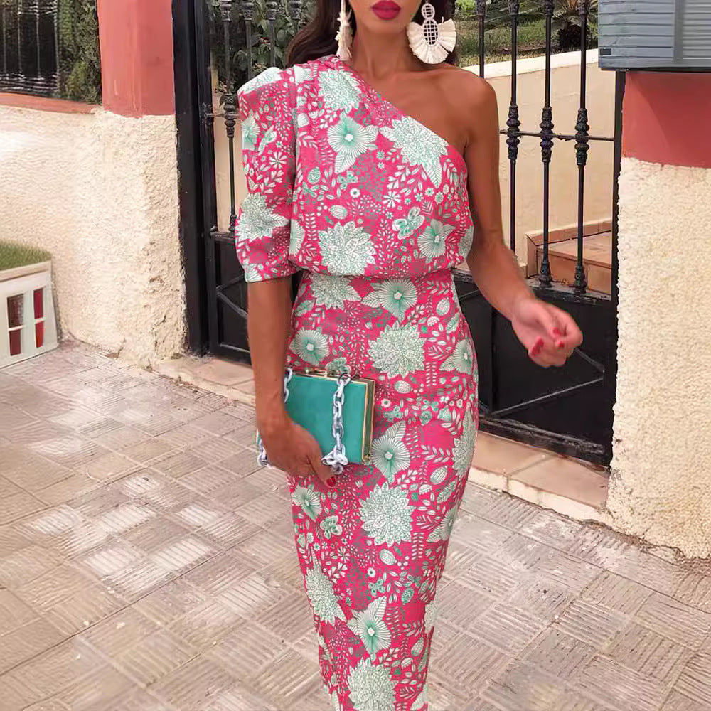 Women's One-shoulder Printing Puff Sleeve Dress