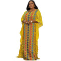 Vestito da donna Valstrend con colletto rotondo, maniche lunghe a righe e dettagli in pizzo, vestibilità larga e comoda.