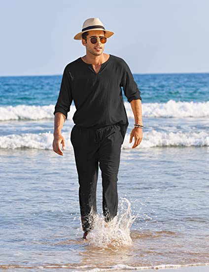 Completo da uomo casual in cotone e lino, con tasca e elastico, in tinta unita, marca Valstrend, stile elegante e confortevole