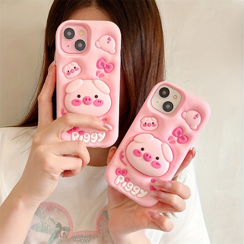Custodia in silicone a forma di maiale cartone animato per iPhone, con supporto a forma di porcellino 3D, morbida e protettiva.