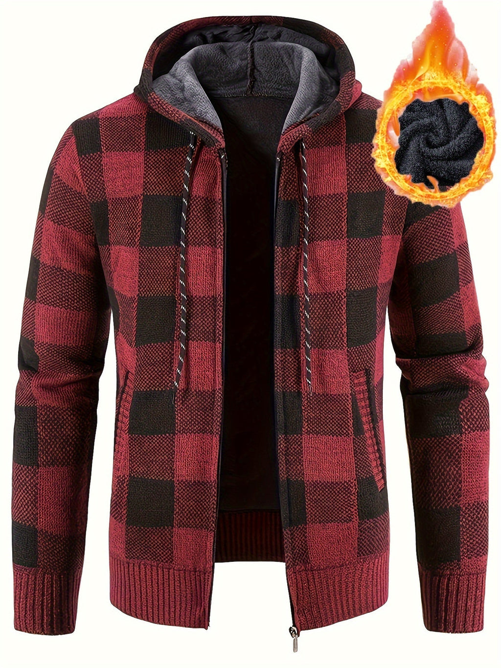 Cardigan con cappuccio in maglia a quadri per uomo, giacca casual calda, con zip, ideale per autunno e inverno, marca Valstrend.