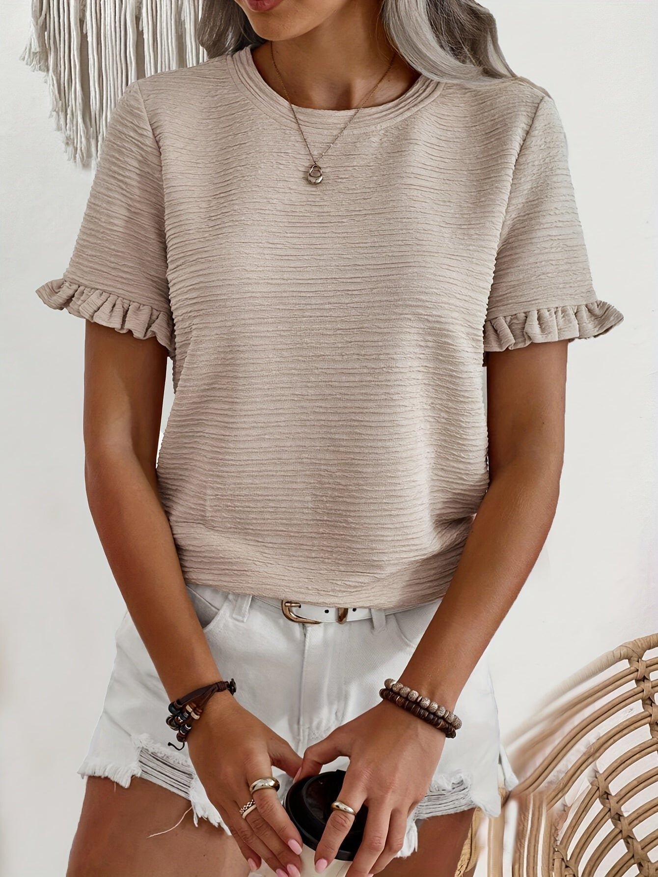 T-shirt casual con maniche corte con orlo arricciato, collo rotondo, in tessuto solido, donna, marca Valstrend.