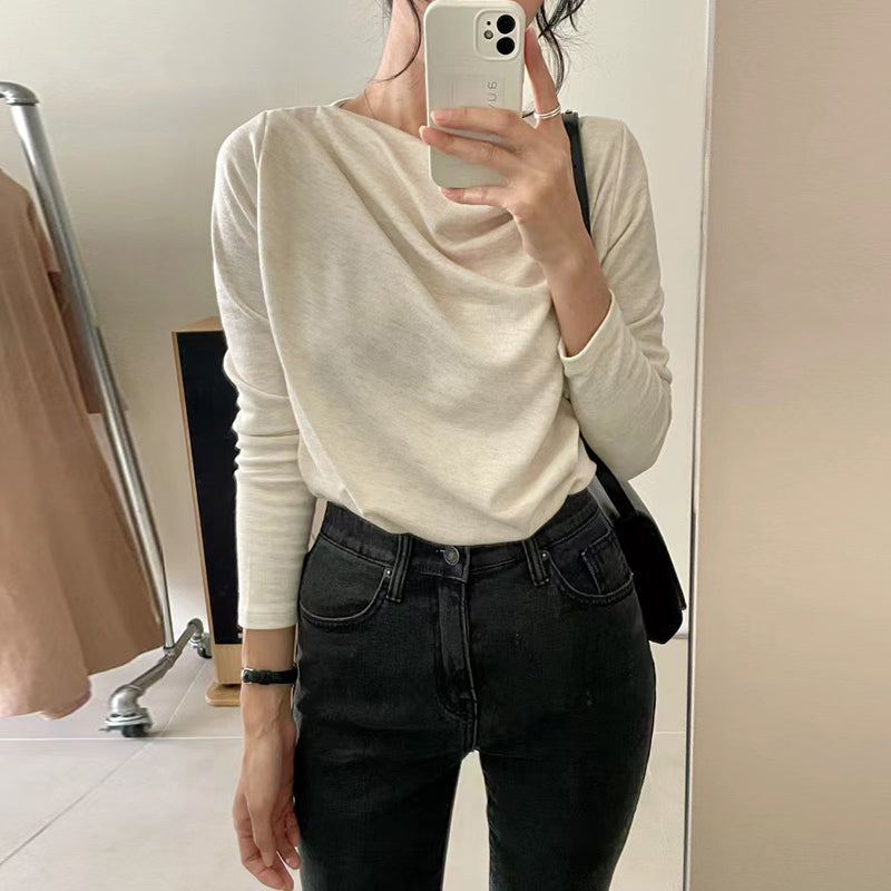 T-shirt donna in cotone a maniche lunghe Valstrend, tinta unita, comodità e stile casual per il tempo libero.