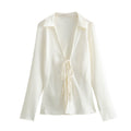 Camicia da donna in seta satinata con fiocco, stile europeo e americano, Valstrend, tessuto morbido e texturizzato.
