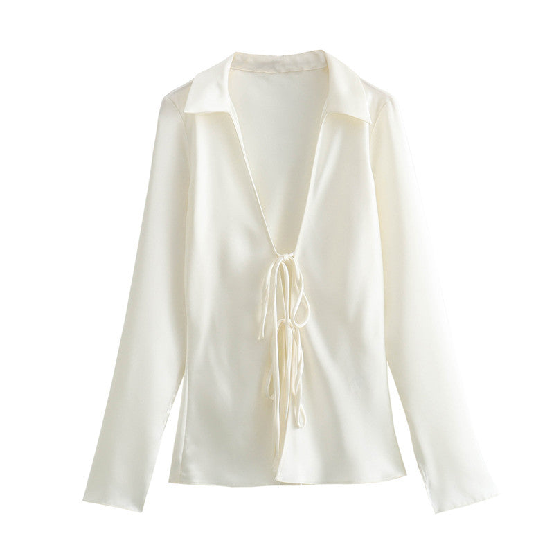 Camicia da donna in seta satinata con fiocco, stile europeo e americano, Valstrend, tessuto morbido e texturizzato.