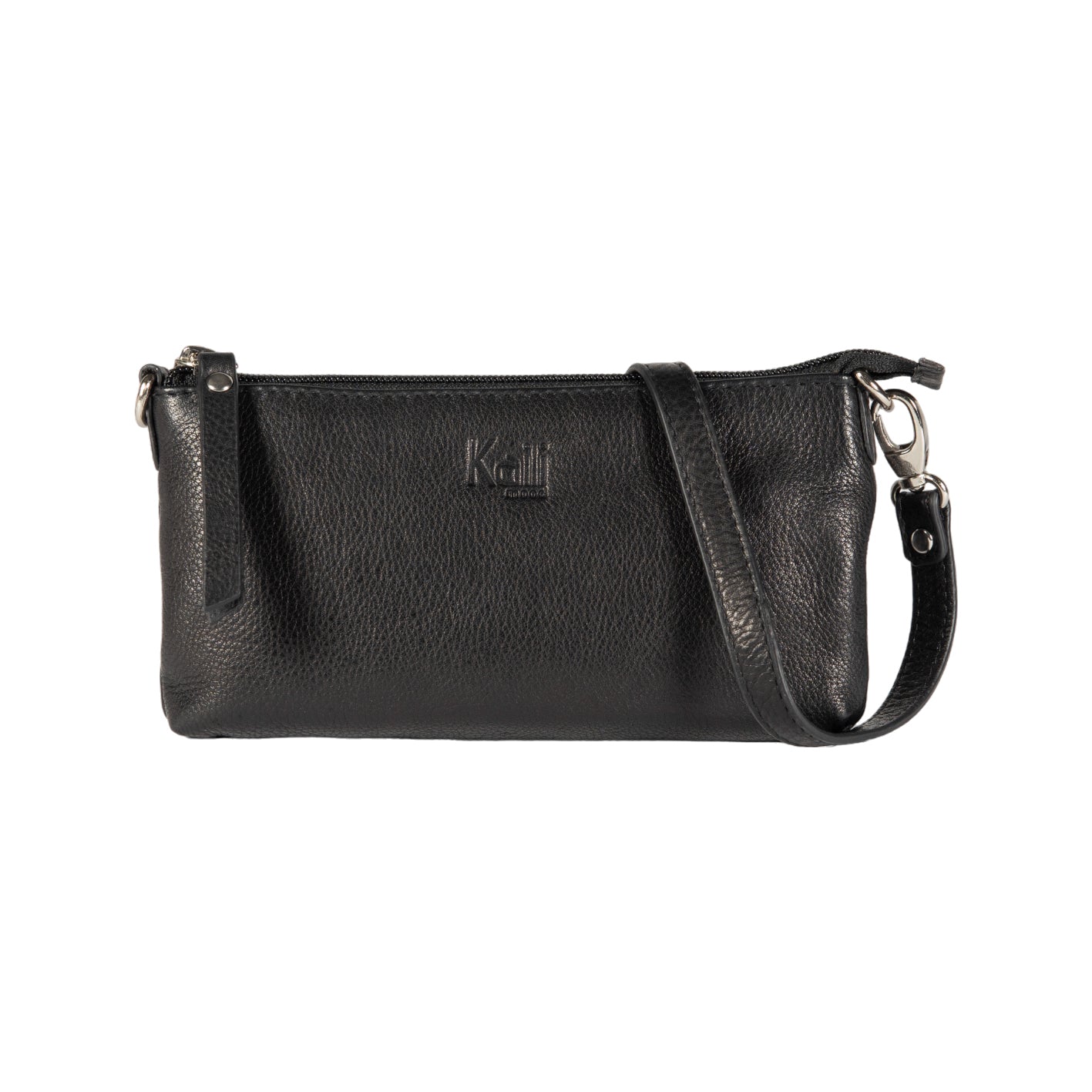 Tracollina donna Kaili Mood in vera pelle pieno fiore con leggera grana, tracolla removibile e accessori nickel lucido, colore nero.