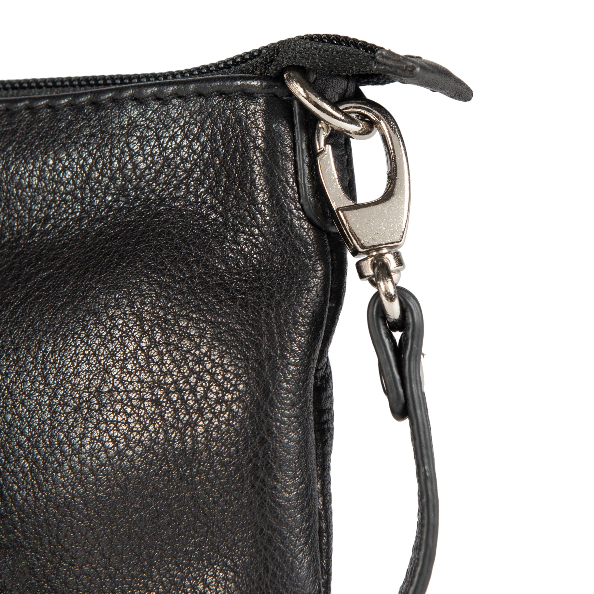 Tracollina donna Kaili Mood in vera pelle pieno fiore nera con tracolla removibile e accessori nickel lucido, dimensioni 20x10,5x2 cm.