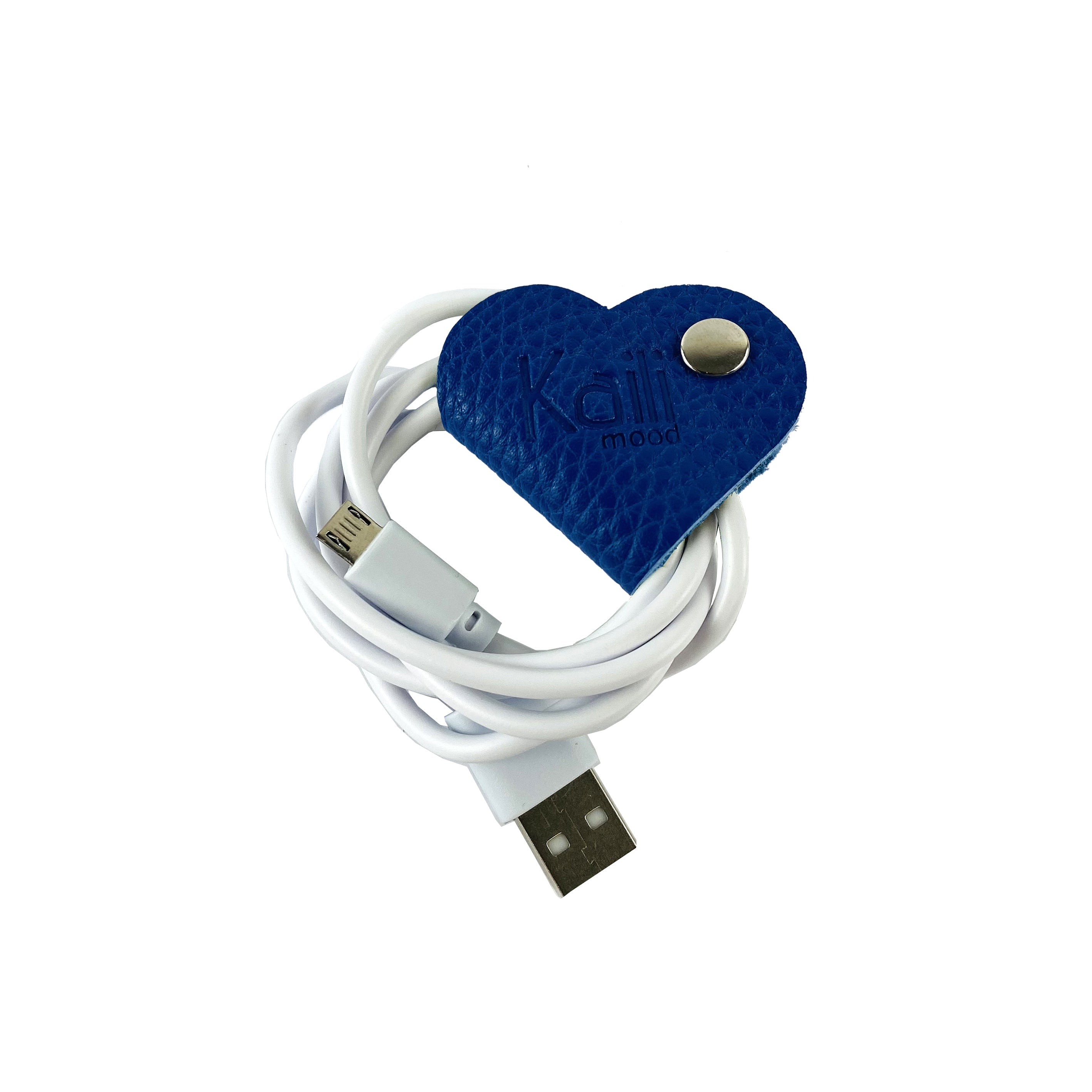 Avvolgicavo cuore Kaili Mood in vera pelle pieno fiore blu, confezione regalo rigida, accessorio Made in Italy, dimensioni 5x8 cm.