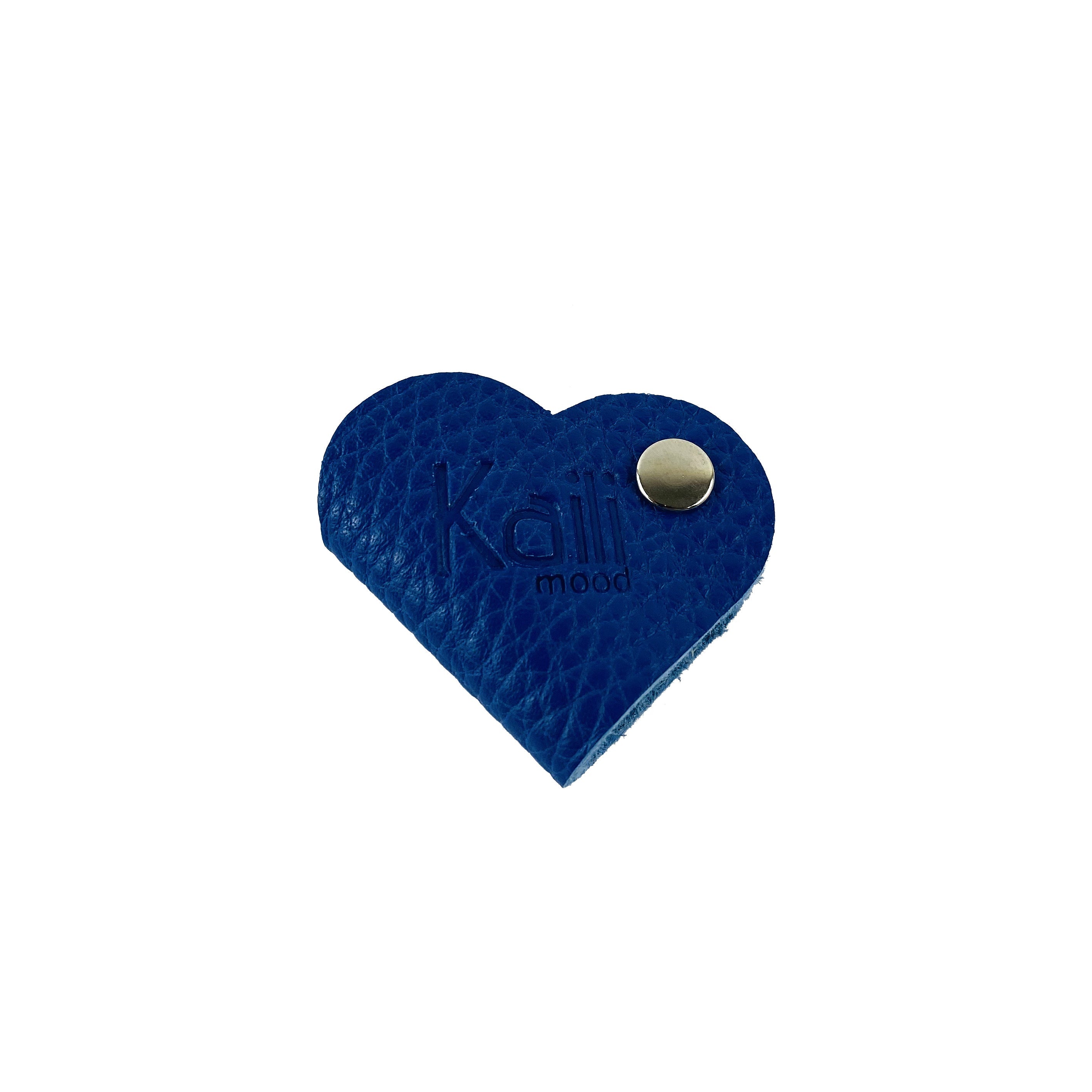 Avvolgicavo cuore Kaili Mood in vera pelle pieno fiore blu, confezione regalo rigida, accessorio Made in Italy, dimensioni 5x8x0,5 cm.