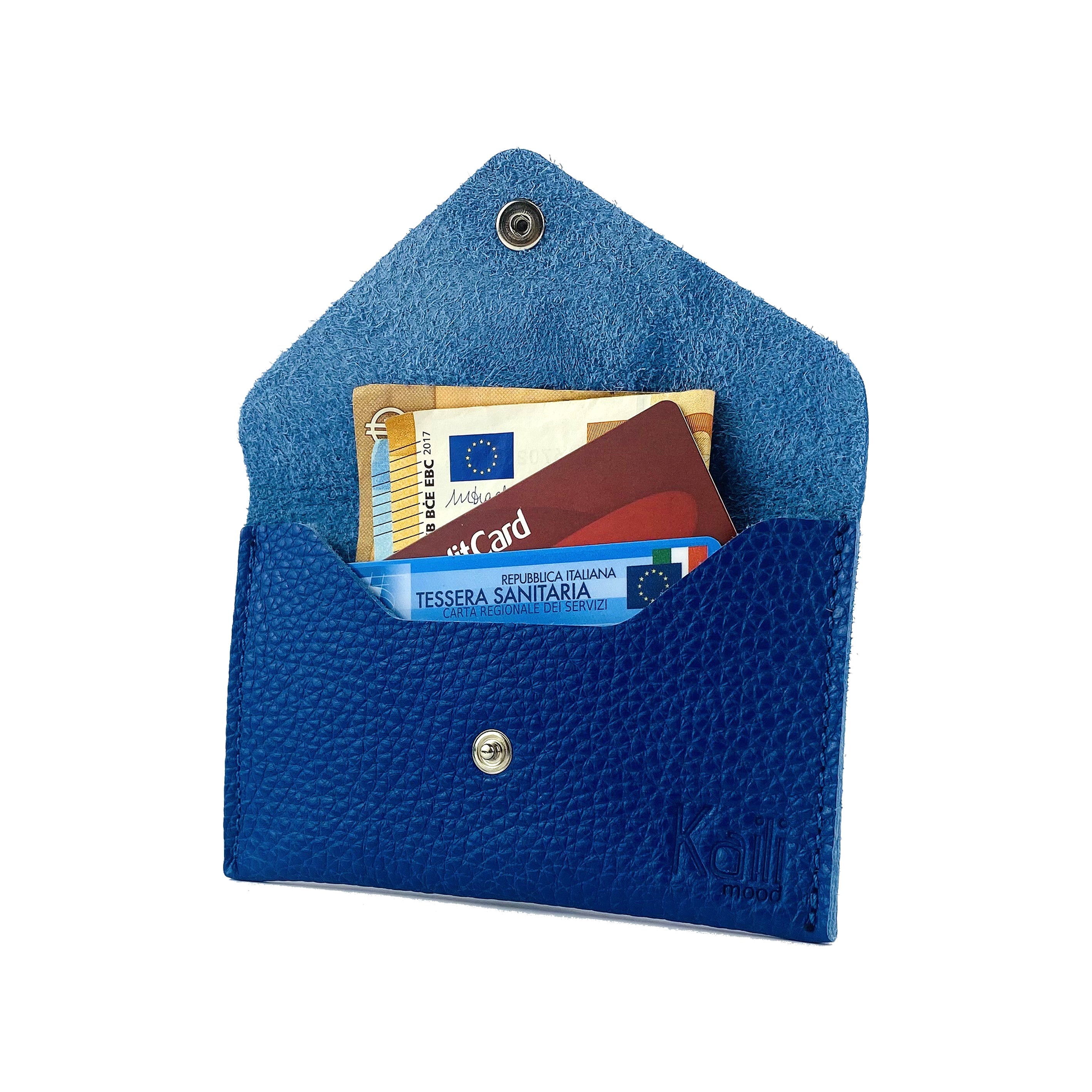 Custodia a zip Kaili Mood in pelle pieno fiore, colore blu, misura 13x8x0,5 cm, confezione regalo con base rigida.