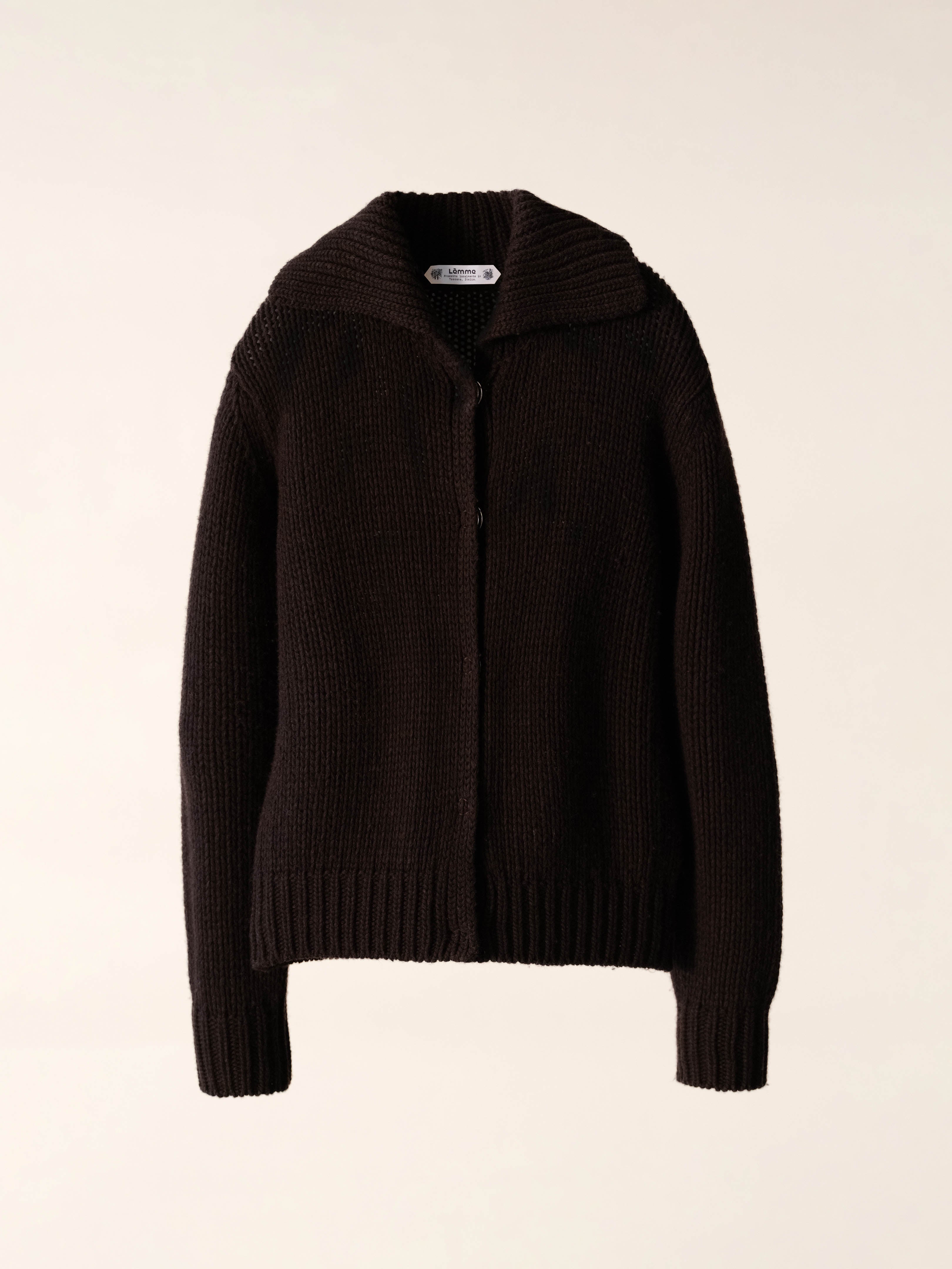Cardigan chunky in misto cachemire Lèmme, maglia knitwear in grigio acciaio, cappuccio e vestibilità comoda.