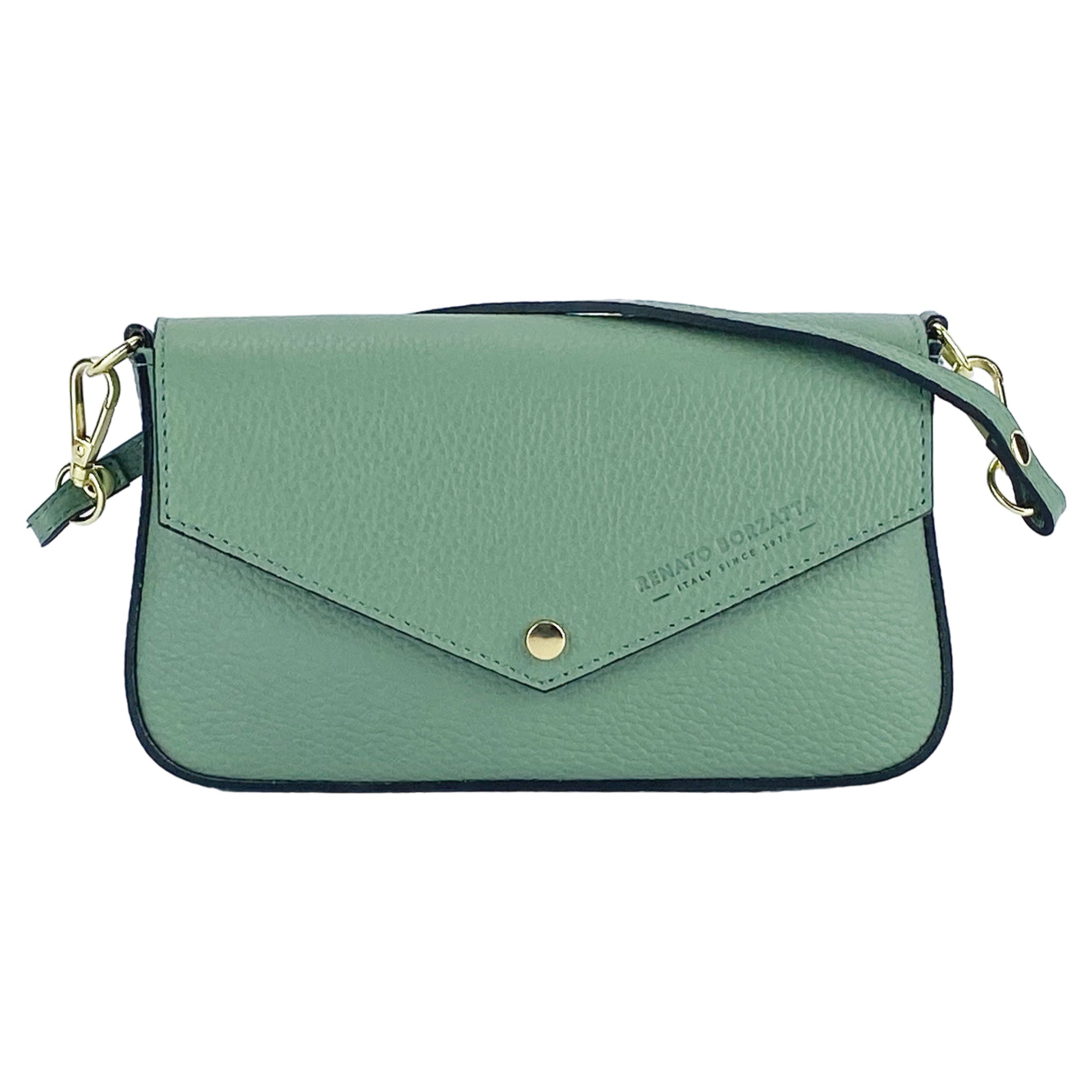 Borsa a tracolla piccola Renato Borzatta in pelle genuina color menta con catena removibile, chiusura a patta e hardware oro lucido.