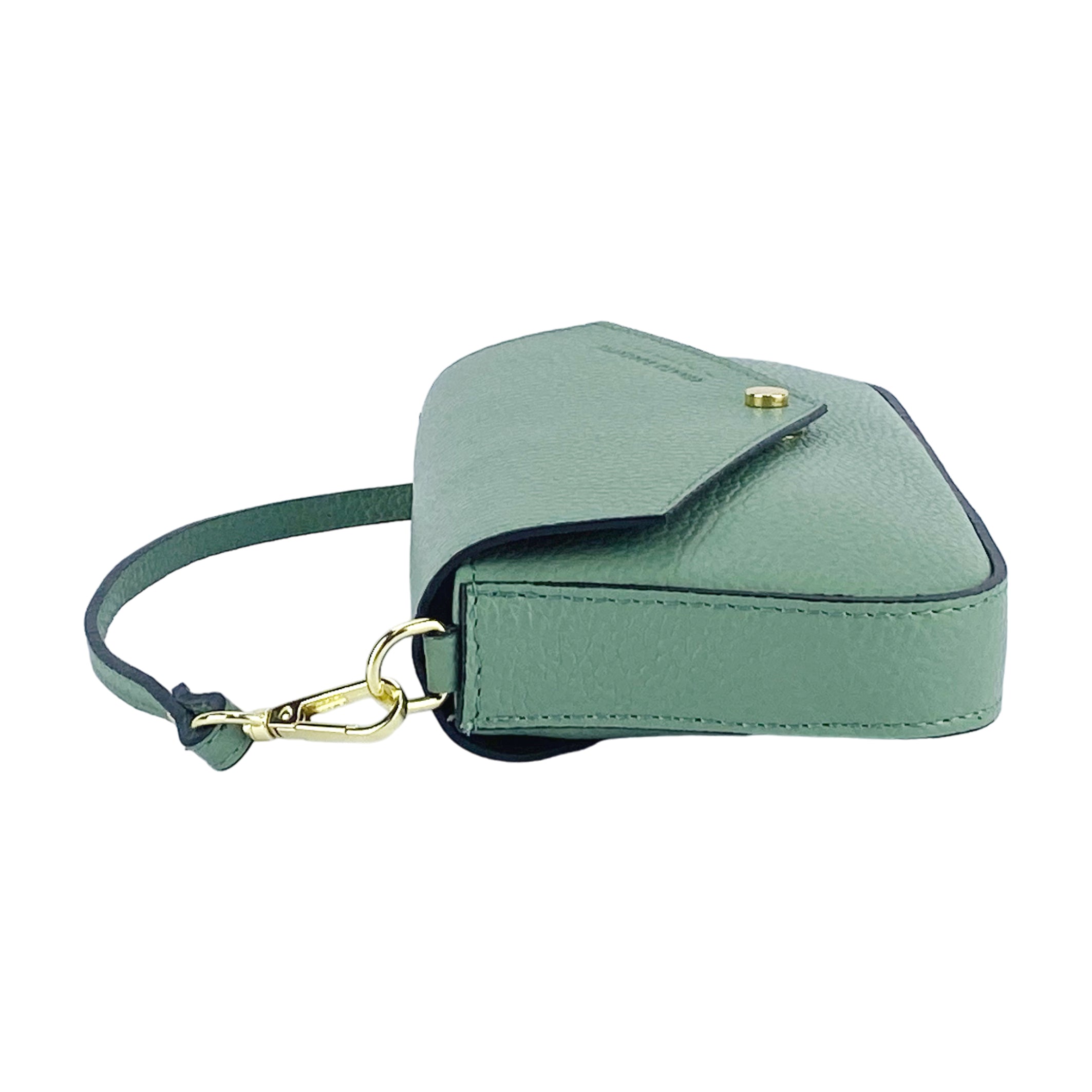 Borsa a tracolla piccola Renato Borzatta in pelle genuina color menta con catena removibile, chiusura a patta e hardware oro lucido.