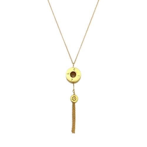 Collana con pendente a frusta e nappine in metallo dorato, stile boho, da Sajishop.