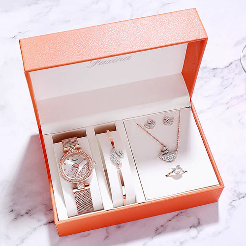 Orologio femminile Sajishop in set regalo elegante con cinque pezzi, stile alla moda e raffinato, con cinturino rosa e cassa bianca