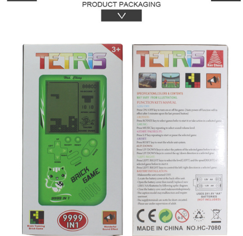 Gioco portatile Tetris retrò per bambini di colore giallo, dispositivo a mano Sajishop, con schermo e pulsanti classici.