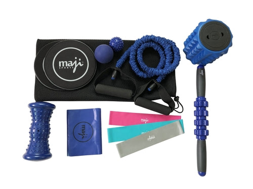 Set di recupero muscolare e fitness Sajishop con prodotti per il rilassamento e il rafforzamento muscolare, in confezione completa.