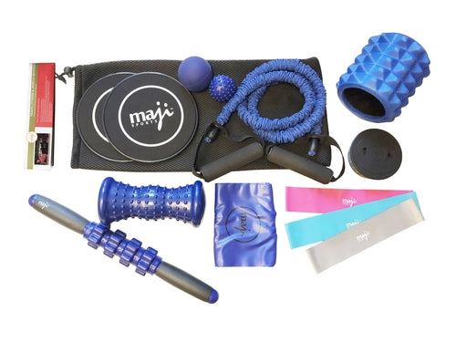 Set di recupero muscolare e fitness Sajishop con attrezzi e integratori per il benessere e il recupero muscolare.