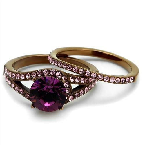 Anello in acciaio inossidabile color caffè con cristallo di alta qualità, elegante e lucido, marca Sajishop.