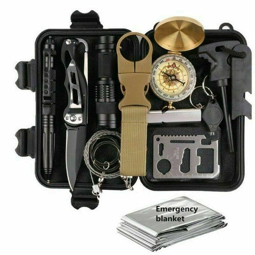 Kit di sopravvivenza e sicurezza all'aperto Sajishop 14-in-1, attrezzi essenziali per emergenze durante il campeggio.