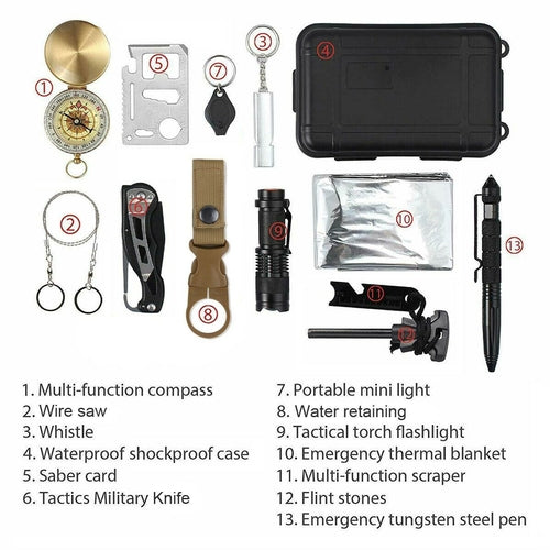 Kit di emergenza e sicurezza da campeggio Sajishop, 14 in 1 con strumenti di sopravvivenza outdoor e attrezzi di emergenza