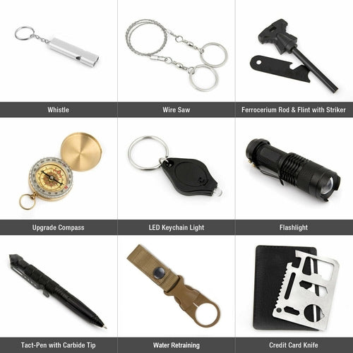 Kit di sopravvivenza e sicurezza all'aperto Sajishop da 14 in 1 con strumenti per campeggio e emergenze.