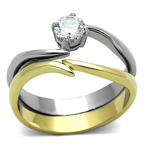 Anello in acciaio inossidabile a due tonalità con rivestimento IP oro e dettagli AAA, di design elegante e moderno.
