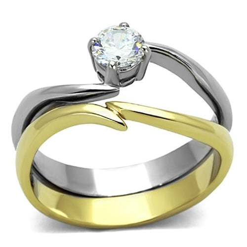 Anello in acciaio inossidabile bicolore IP Gold con placcatura a ionico e dettagli AAA, elegante e robusto.