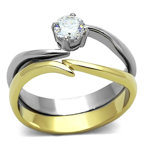 Anello in acciaio inossidabile a doppio tono IP oro con placcatura a ionica e pietre AAA, stile elegante Sajishop.