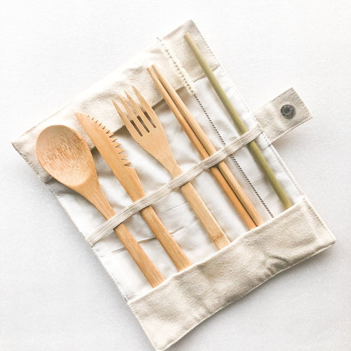 Set di posate in bambù Sajishop, riutilizzabile e ecologico, con cucchiai, forchette e coltelli in cotone organico verde militare