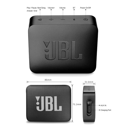 Altoparlante Bluetooth wireless JBL GO 2 nero con microfono, resistente all'acqua IPX7, visibile con design compatto e portatile