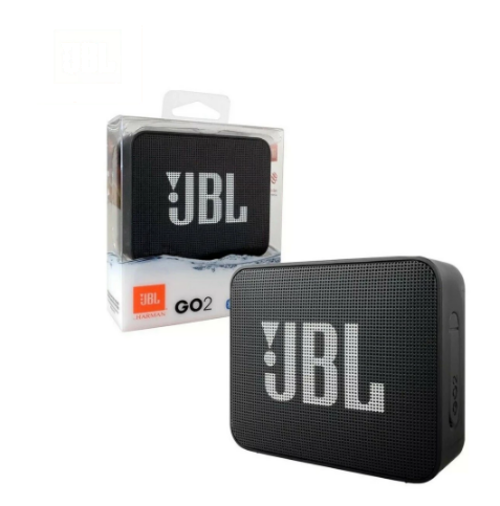 Altoparlante Bluetooth wireless JBL GO 2 nero con microfono, resistente all'acqua IPX7, portatile e compatto.