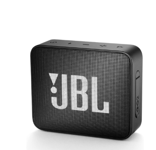 Altoparlante Bluetooth JBL GO 2 senza fili nero con microfono, impermeabile IPX7, visibile in immagine.