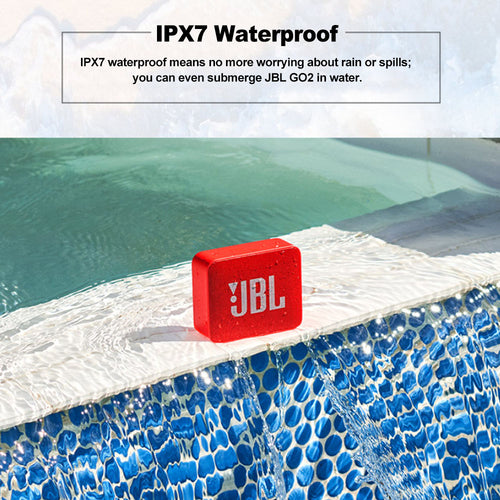 Altoparlante Bluetooth JBL GO 2 senza fili nero, impermeabile IPX7, con microfono, mostrato in immagine.