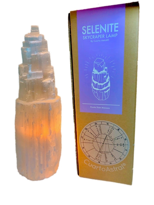 Lampada a cristallo di selenite a forma di grattacielo, stile Sajishop, illuminazione decorativa e naturale per interni