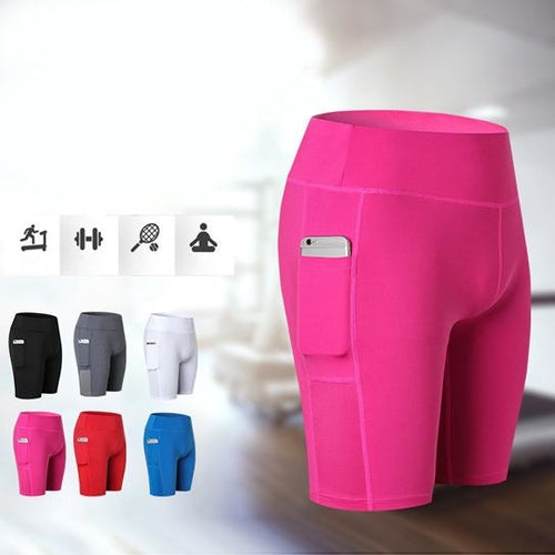 Shorts da yoga all seasons Sajishop grigi elasticizzati con tasca per telefono, ideali per allenamenti e relax.