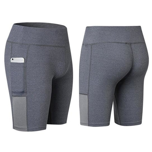 Pantaloncini yoga all seasons Sajishop grigi, elasticizzati con tasca per telefono, per attività sportive e relax.