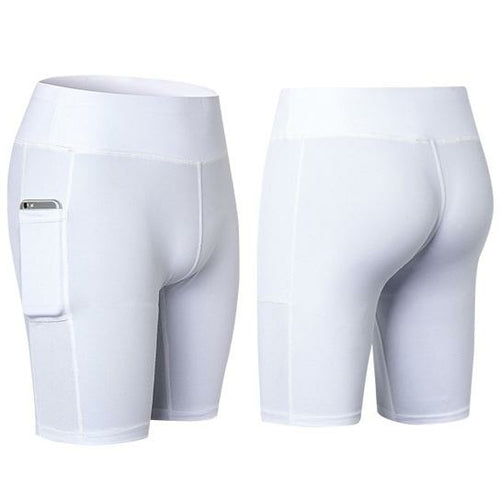 Shorts da yoga all seasons Sajishop grigi elasticizzati con tasca per telefono, ideali per esercizi e relax.